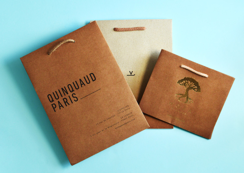 custom printed kraft paper bags with rope handles on blue background