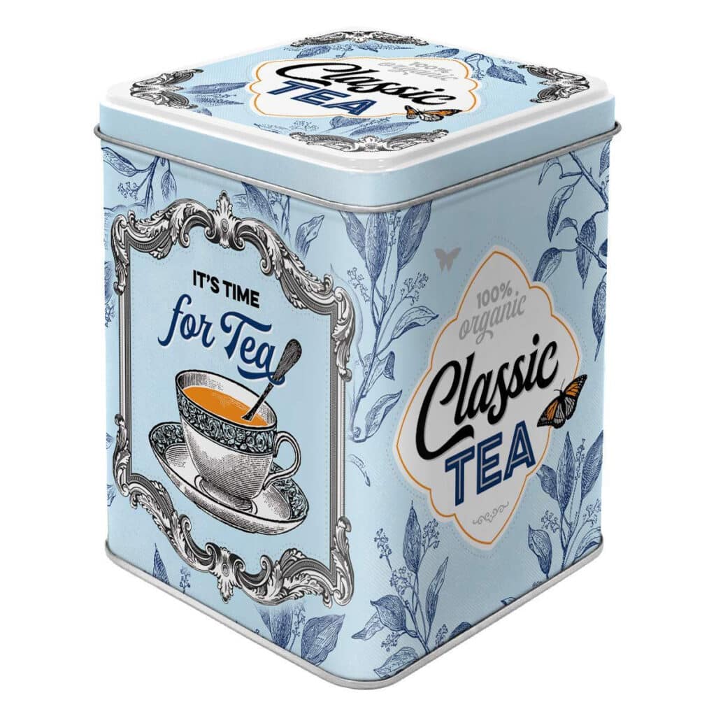 classic tea tin printed in blue