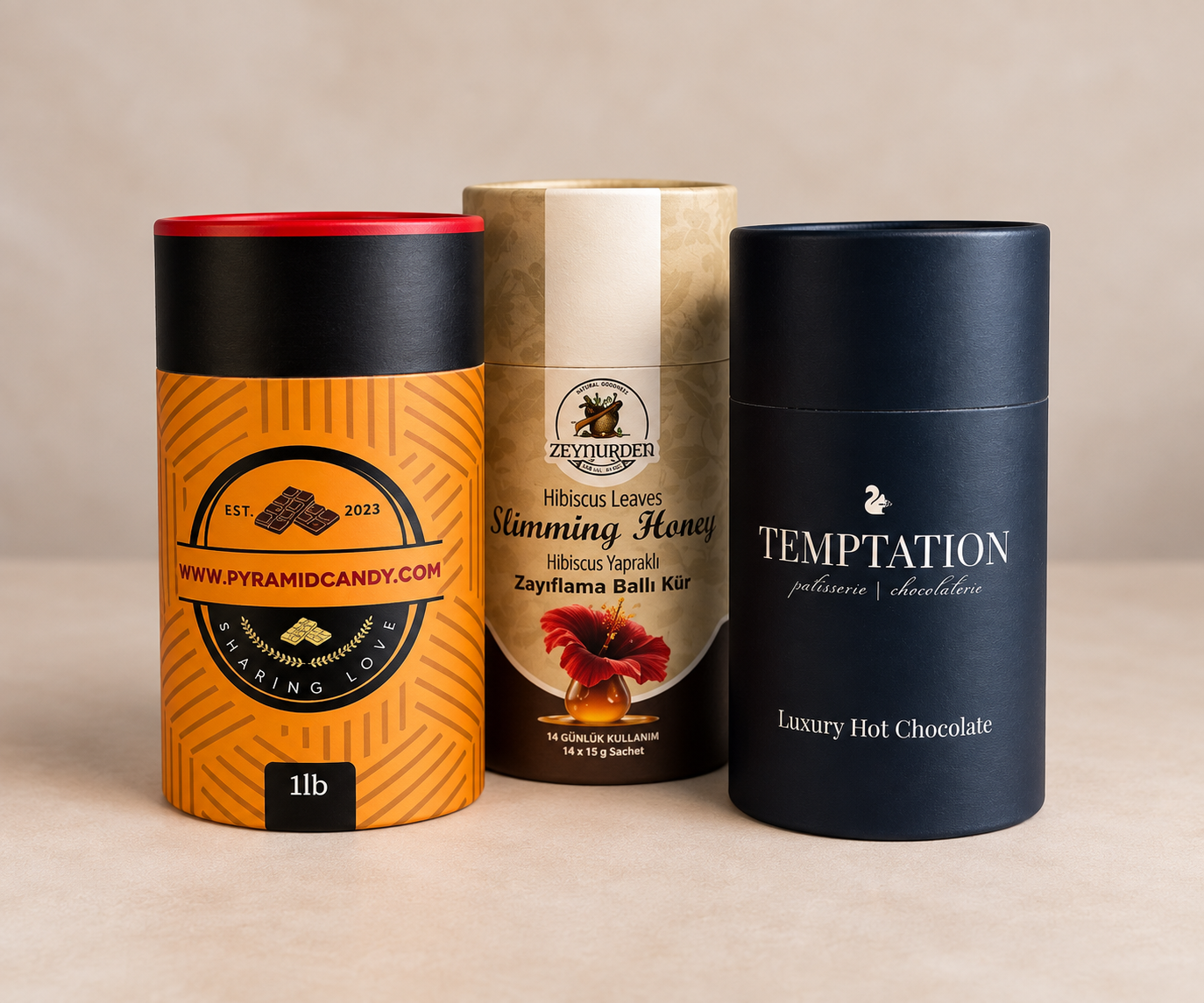 group of cylinder boxes for chocolate