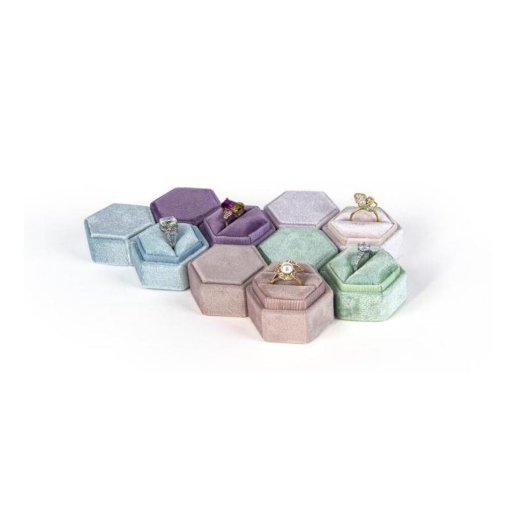 Custom pastel velvet hexagon ring boxes